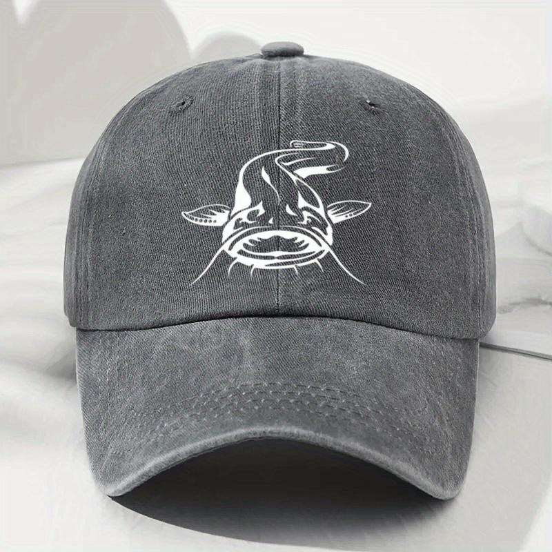 1 Weißer Fischdruck Used Baseballkappe Lässig Gebogener Schirm Weiches Oberteil Hut Outdoor Verstellbare Größe Sport Visier Modisch