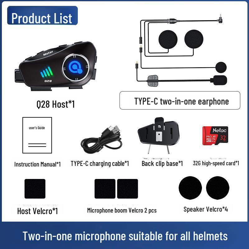 Q28 Zestaw słuchawkowy Bluetooth do kasku z kamerą HD 1080P i rejestratorem jazdy motocyklowej