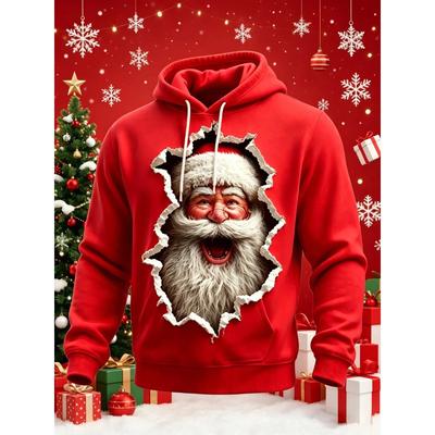 Men's Red 3D Santa Claus Graphic Print Loose Hoodie Long Sleeve Casual Streetwear Christmas Holiday Sweatshirt with Side Pockets