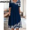 IHUASU 30 Color Pleated Midi Dress Short Sleeve Round Neck Loose Hem Mid-Calf Length Women Floral A-Line Party Dress Casual Wear