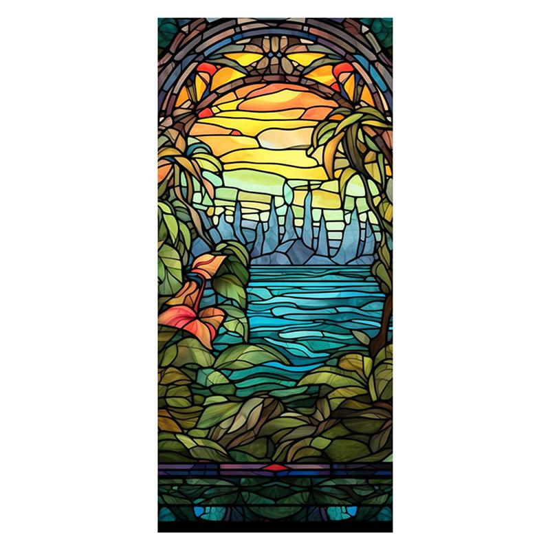 45x100cm Vitraliu Colorat Plantă Tropicală Floare Film pentru Ușă Fereastră PVC Adsorbție Statică Autocolant Sticlă Decor Acasă Decal Detașabil