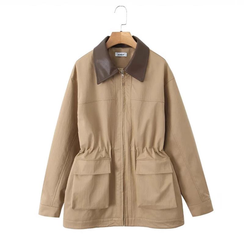 

European and American Women s Lapel Trench Coat: Loose Fit, Cinched Waist, Mid-Length, Functional Workwear Style. Large хакі
