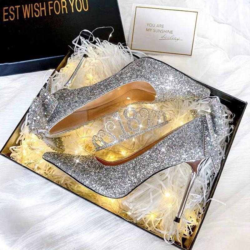 Silver women's high heels 2025 new spring sequined diamond crystal main dress wedding shoes Xiuhe pointed bridal wedding dress