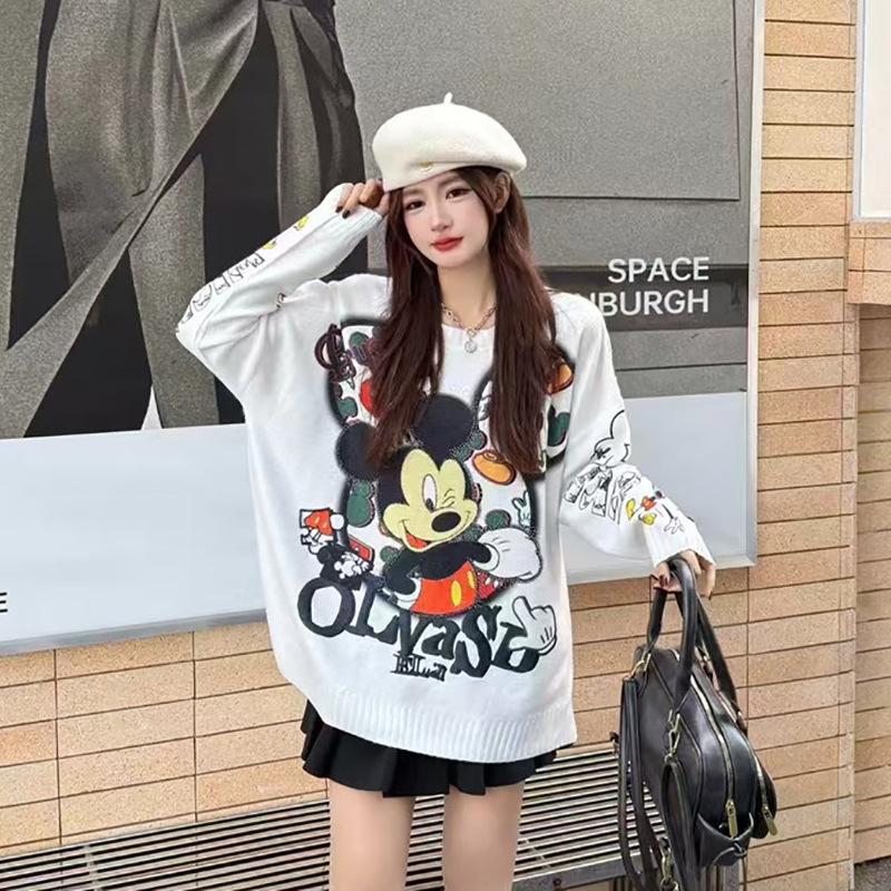 Women's Cute Korean Cartoon Rhinestone Round Neck Sweater - Loose Fit, Long Sleeve Knitwear for Autumn/Winter