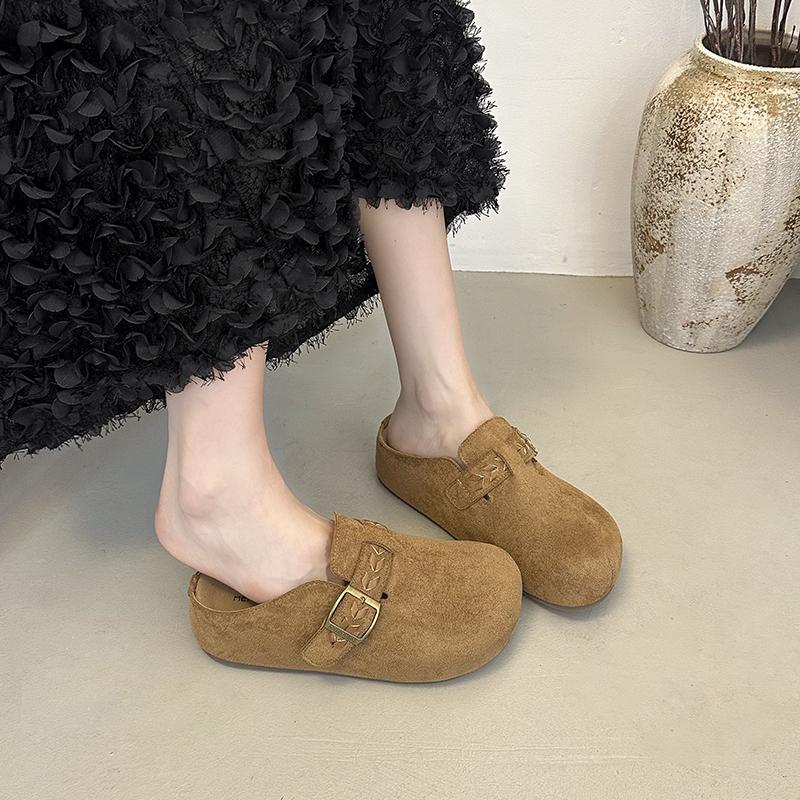 Fashion Embroidered Round-toe Shallow-mouth Metal Buckle Soft-sole Anti-slip Wear-resistant Flat-sole Wrapped-head Slippers