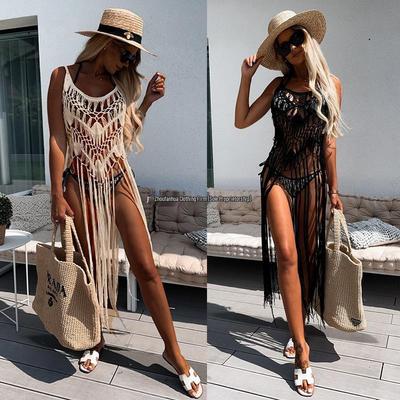 Cardigan da Donna Europeo e Americano Lavorato all'Uncinetto Vuoto Protezione Solare con Frange - Copricostume Sexy da Spiaggia