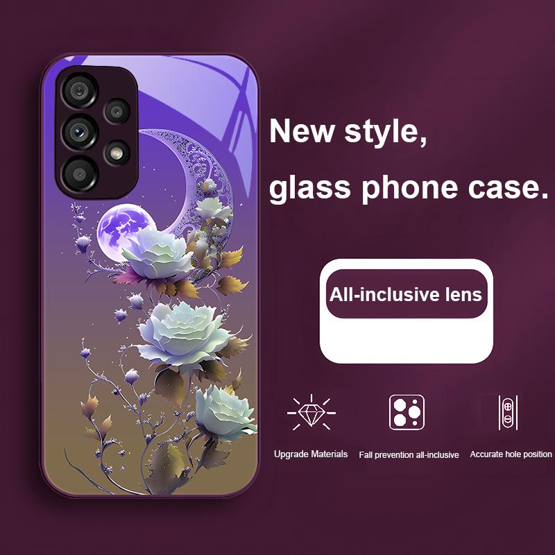 Full Moon Rose Blue For Samsung Galaxy Note 8 9 S10 Plus S20 S21 FE S23 Ultra A70 72 73 50 51 52 53 Tempered Glass Phone Case