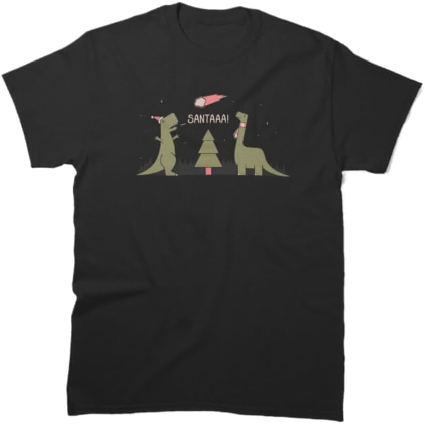 Merry Extinction Dinosaur Santa Christmas Graphic T-Shirt, Black Short Sleeve Cotton Unisex Tee S разноцветный