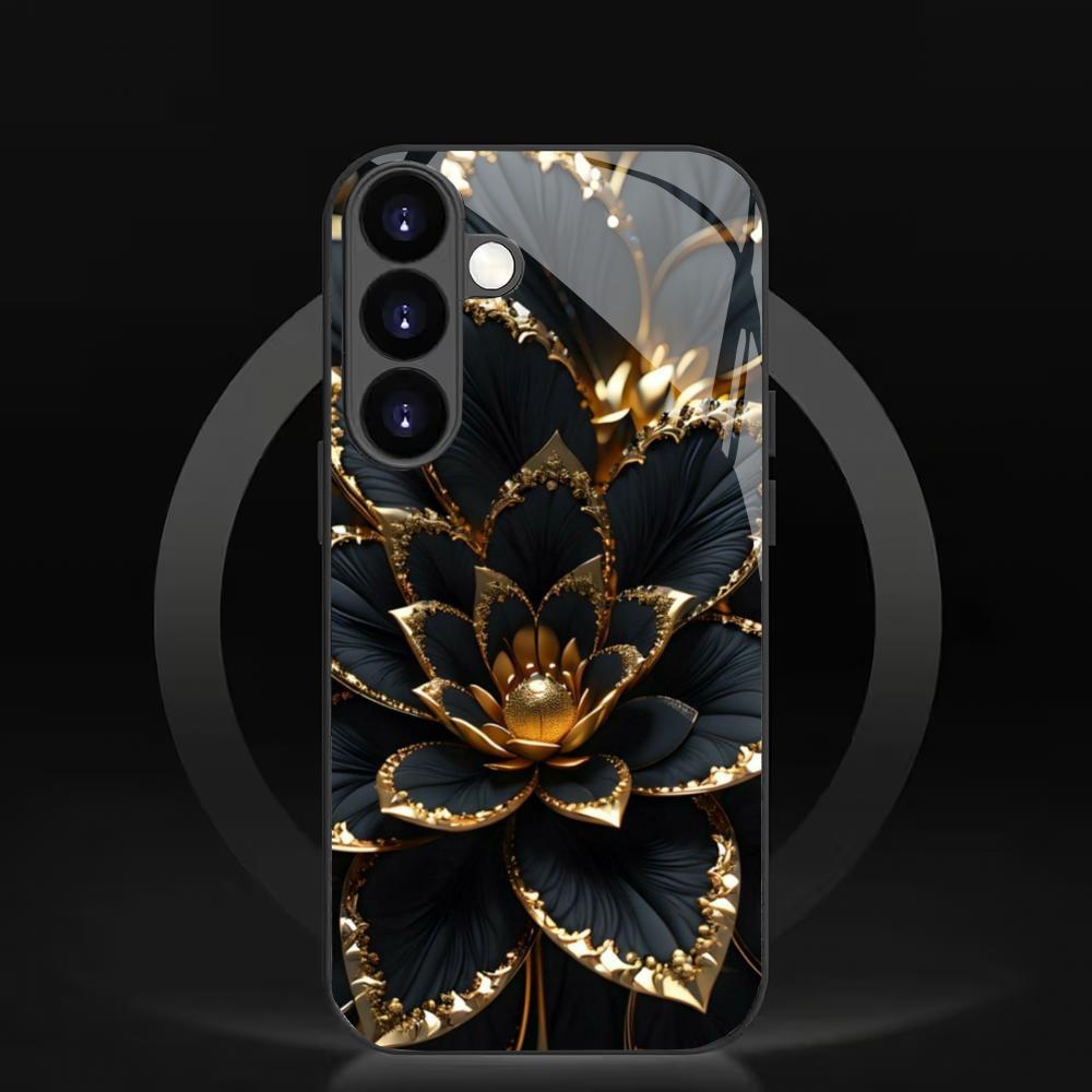 Black Lotus Pattern Tempered Glass Phone Case Suitable for Samsung Galaxy S26 S25 S24 S23 S22 S21 S20 FE/Ultra/Plus Anti Drop