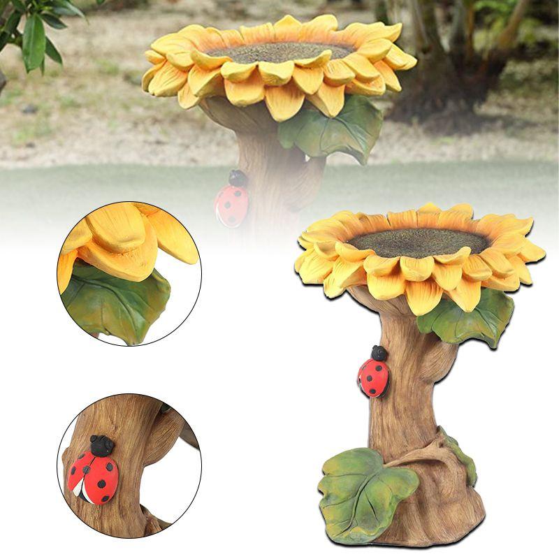 Charming Polyresin Sunflower Bird Bath With Stunningly Detailed Leaf And Ladybug Design