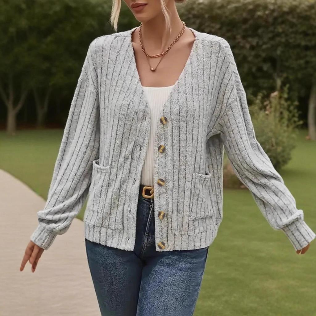 European and American Women's Solid Color V-Neck Button Cardigan Coat, Loose Fit, Long Sleeve, 2025 Spring/Autumn/Winter Collection.