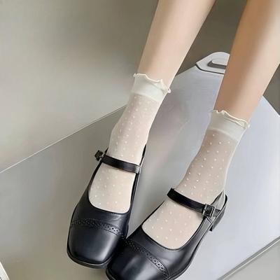 Sommer Glasfaser Tupfen Socken, Damen Schwarz Ohrkante Transparent Mid-calf Socken, Dünne Eis Faser Spitze Kristall Kurze Socken, Atmungsaktiv