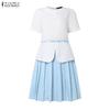 ZANZEA Womens Casual Round Neck Pleated Hem Patchwork Commute Short Sleeve Dress
