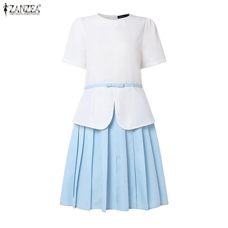 ZANZEA Womens Casual Round Neck Pleated Hem Patchwork Commute Short Sleeve Dress