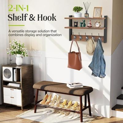 Wall Mounted Two-Tier Coat Rack Wooden Space Saving Wall Shelf Heavy Duty High-quality Wall Hanger for Bedroom Living Room
