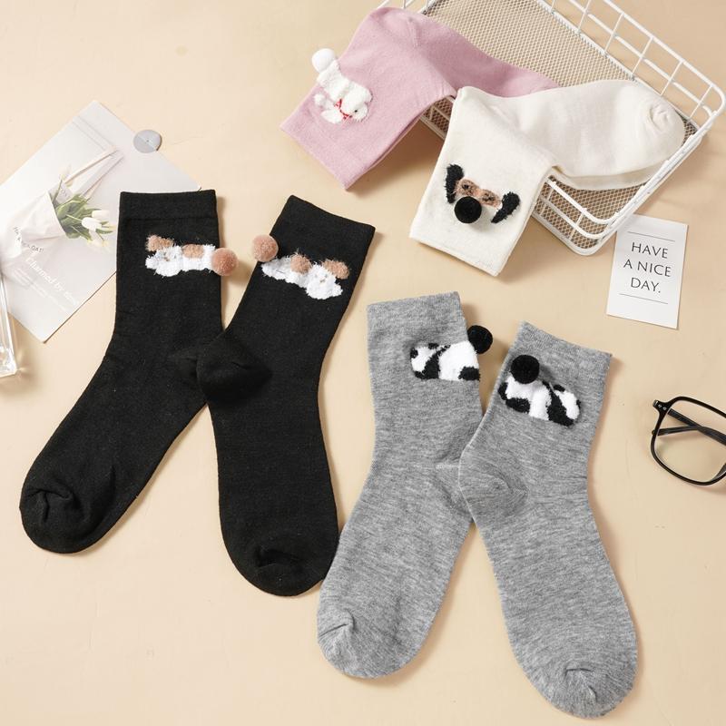 3D Cartoon Animal Crew Socks for Women Cute Plush Decor Breathable Cotton Socks Panda Dog Bunny Cat Pattern Mid-Calf Socks for Casual Daily