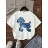 Girls Fashionable and Trendy Short Sleeved Tshirt Comfortable Cotton Casual Summer Top with Fun Imitation Denim Dog Print