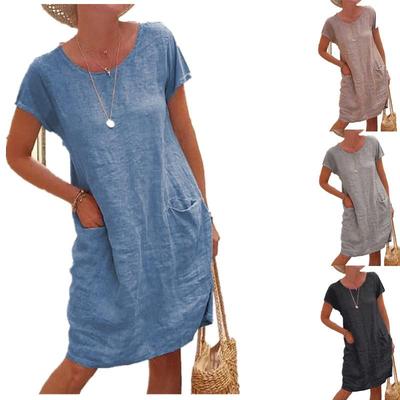 Women's Summer Cotton Linen Short Sleeve Dress with Pockets