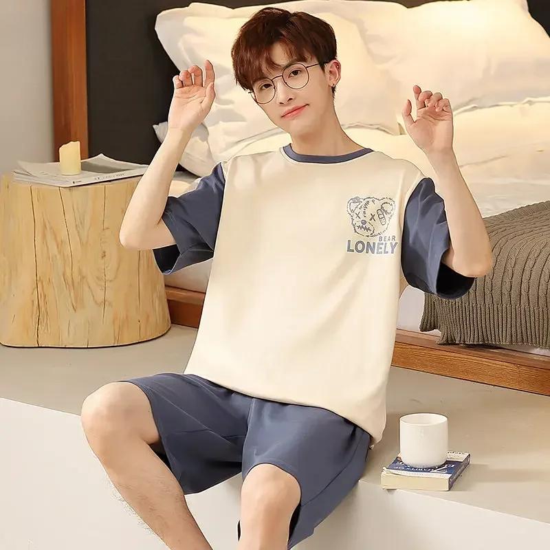 Summer Cartoon Mens Pajamas Set Short Tops Shorts Pijamas Cotton Men Sleepwear Fashion Loose Pyjamas Homewear