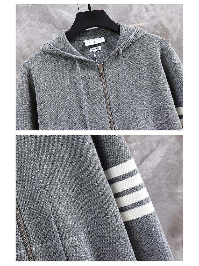 2024 Autumn/Winter Unisex Hooded Knit Cardigan with Double Zipper and Four-Bar Stripe In Academy Style