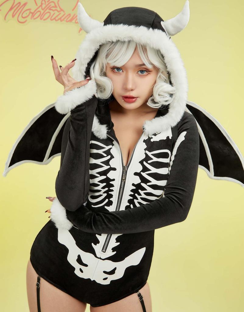 Mobbunny Gotik Güzellik Kurukafa İskelet Sevimli Kıyafet Siyah Kadın Kostümü, Cosplay, Anime, Oyun, Ev Giyim, Pijama, Body, Leotard, Kapüşonlu, Baskılı,