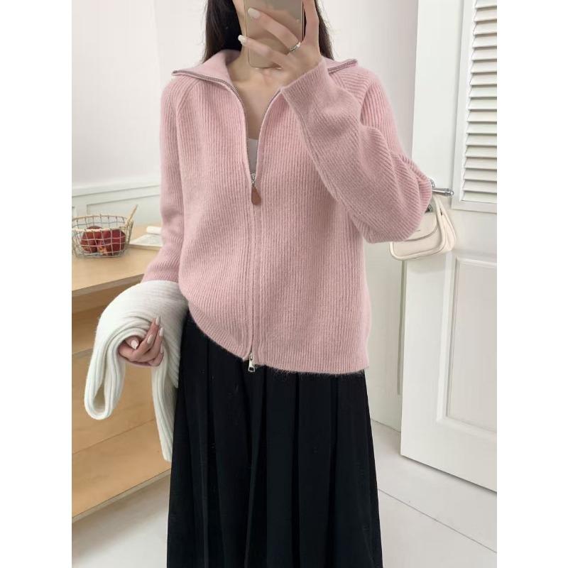Premium lapel solid color knitted cardigan for women's autumn and winter new casual double zipper sweater jacket for women