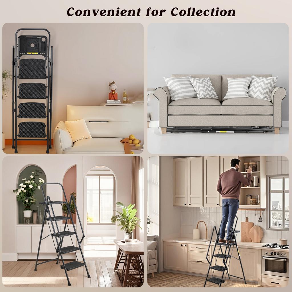 4 Step Ladder, Sturdy Steel Stool with Anti-Slip Wide Pedals, Handrail, Safe-Lock Design, Pass 330 lbs Load Testing, Folding Portable Black