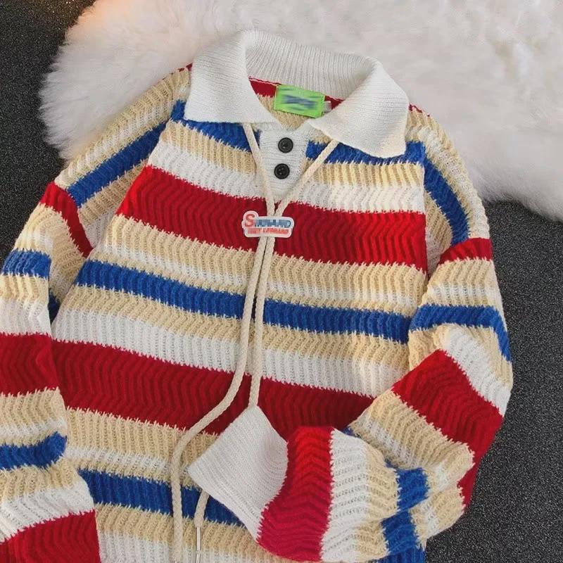 2023 Fashion Rainbow Striped Collar Knit Sweater - Casual, Versatile, Loose Fit for Couples, Perfect for Spring and Autumn.