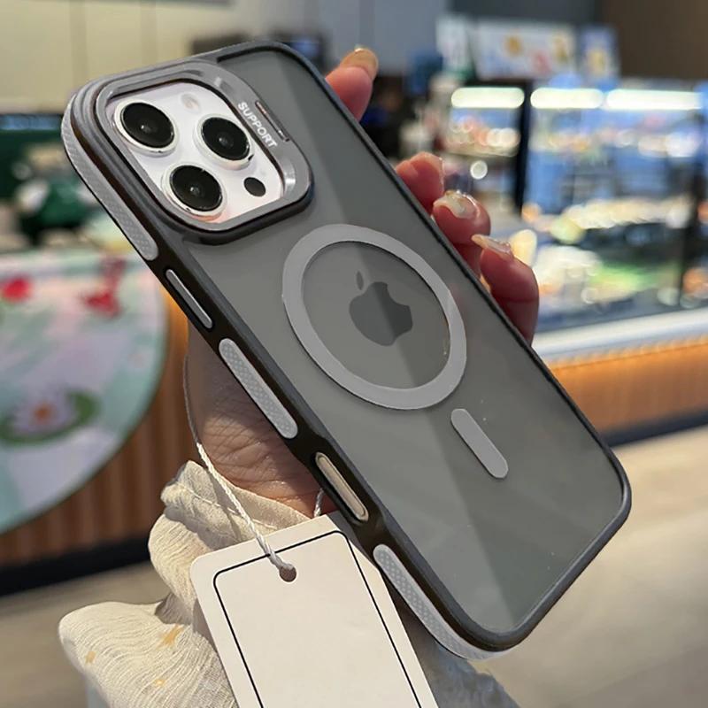 NEW For Magsafe Bicolor Magnetic Case For iPhone 16 15 14 13 12 11 Pro Max Plus Translucency Matte Transparent Stand Cover