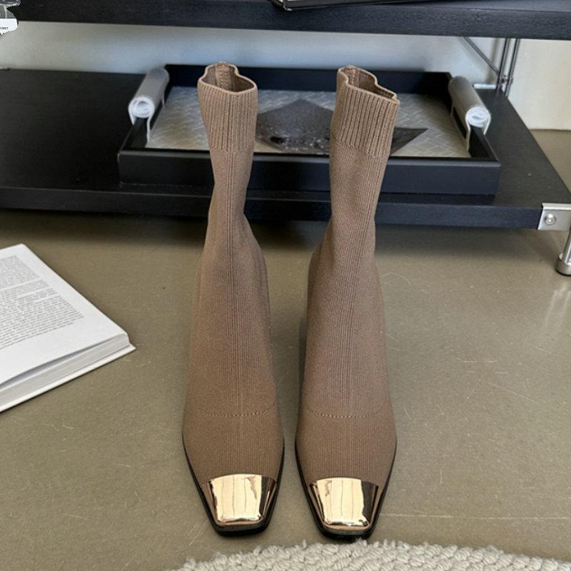 Fashion French Temperament Elastic Socks Boots For Women 2024 Autumn/Winter High Heel Thick Heel Everything Single Boot Slim Ankle Boots