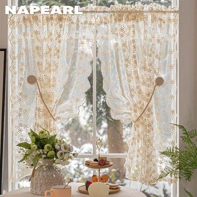 1PC Flower Embroidery Lace Sheer Curtain French Countryside Cream Style Half Curtain for Bedroom Living Room Window Showcase Home Decor