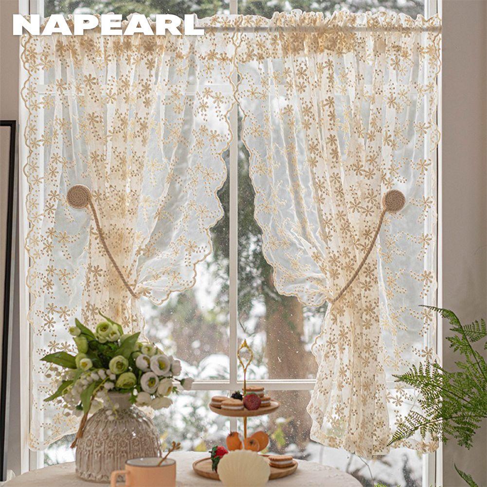 1PC NAPEARL Flower Embroidery Lace Sheer Curtain French Countryside Cream Style Half Curtain for Bedroom Living Room Window Showcase Home Decor