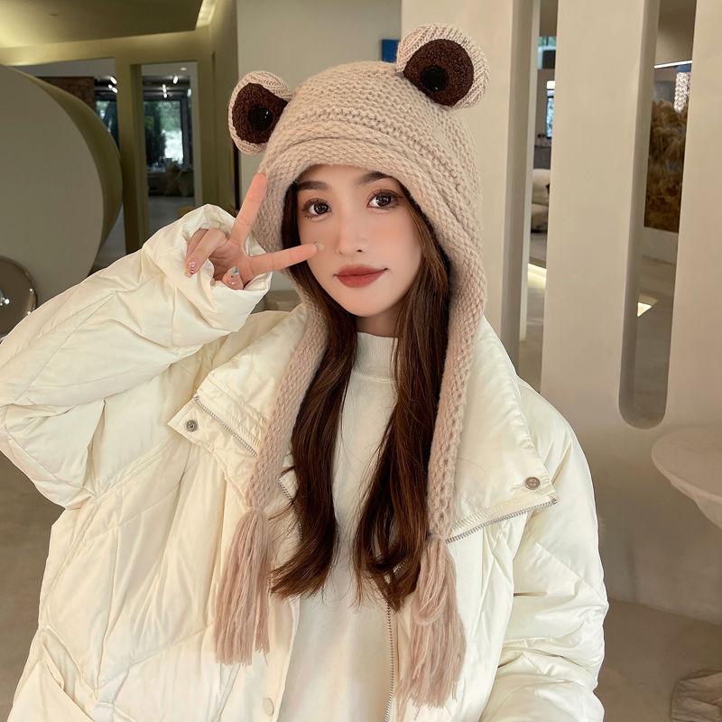 Froschmütze, Damen Strickmütze Winterwärme Quaste Winter Ohrenschutz Zehenkappe Grüne Wollmütze