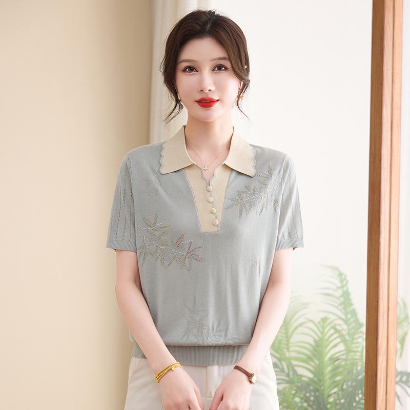 

2026 Summer Fashion Ice Silk Short-Sleeve Lapel Top Set for Middle-Aged and Elderly Women 4XL (suggested 82-90 kg) синий