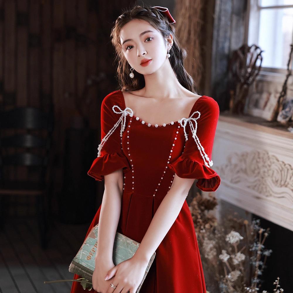 Velvet toasting dress bride 1011 new return engagement dress dress burgundy can usually wear small people