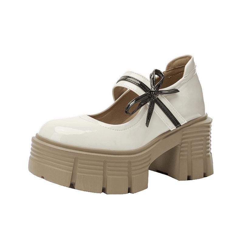 Lightweight thick-soled Mary Jane shoes women's patent leather one-word butterfly buckle single shoes inner height increase super soft college