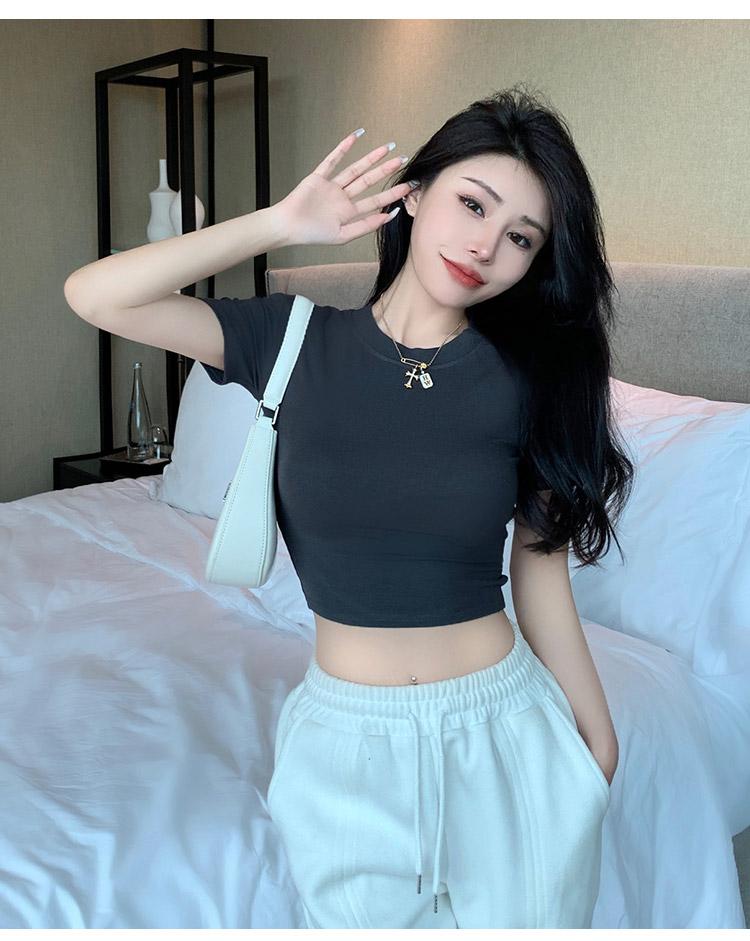 

Лето 2024 года, облегающая укороченная футболка с коротким рукавом, женская подплечная рубашка с открытой спиной, сексуальные футболки, топы, офисная женская футболка с круглым вырезом 24370 One Size серый