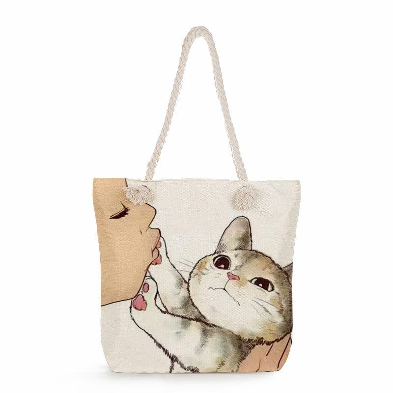 Multifunctional Cute cat Printed Thick Rope Shoulder Beach Bag 7584