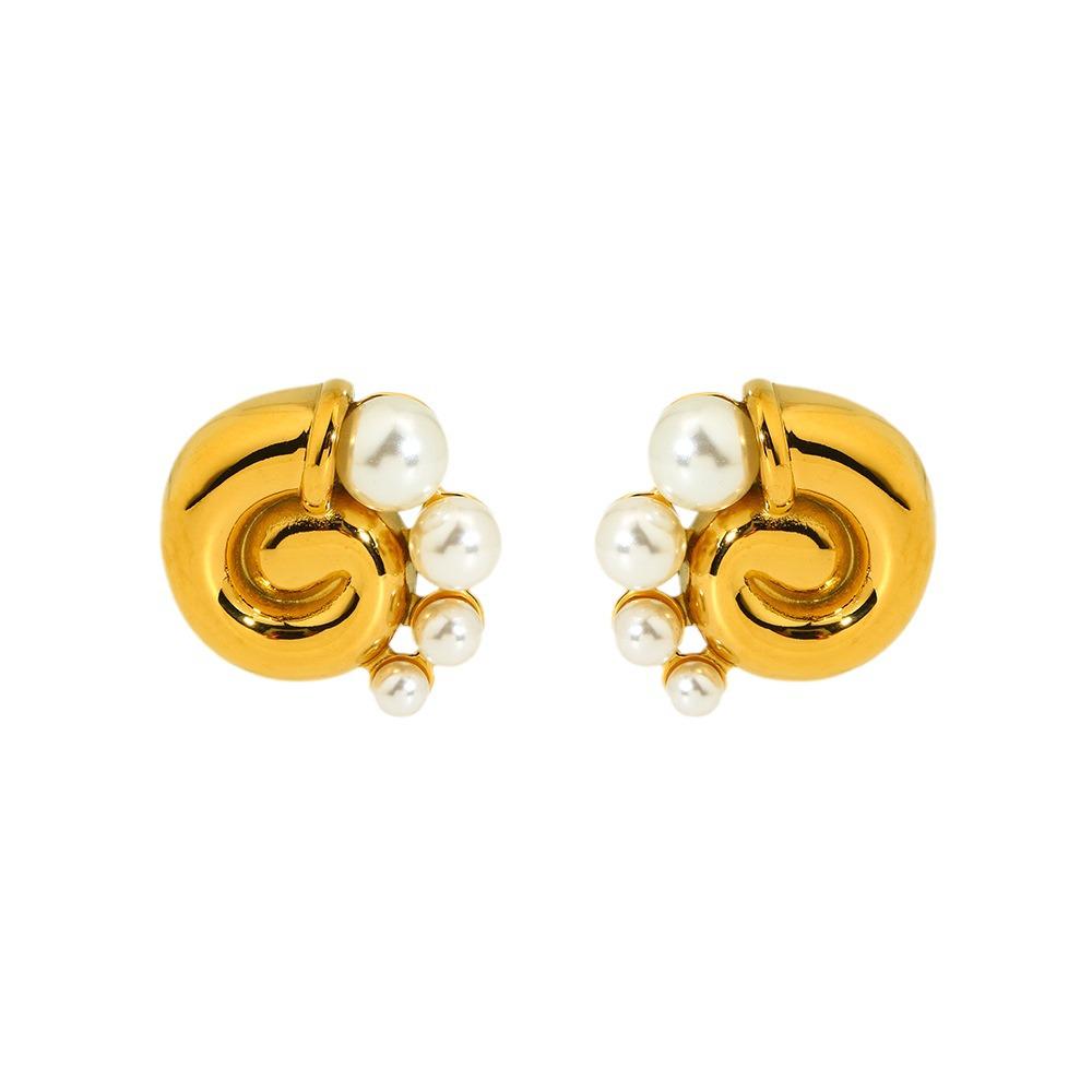 2024 Beach Style 18k Gold Plated Stainless Steel Conch Shell Pearl Stud Earrings - Waterproof