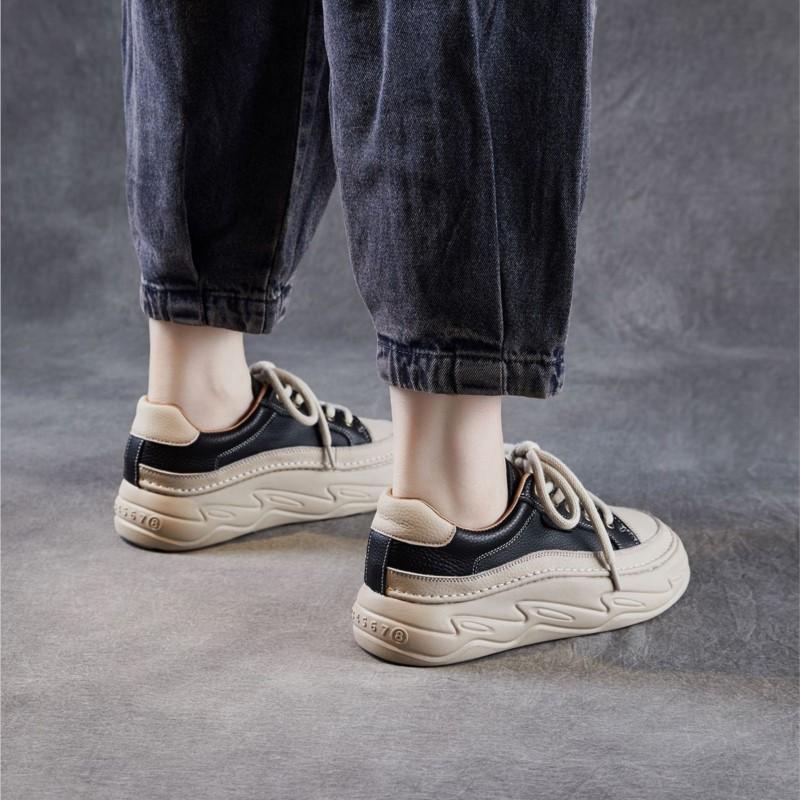 Johnature Pantofi de damă din piele naturală cu talpă groasă pentru creșterea în înălțime, pantofi albi casual confortabili cu talpă plată