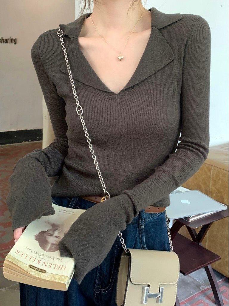 Women's V-Neck Polo Collar Knit Sweater for Spring/Autumn