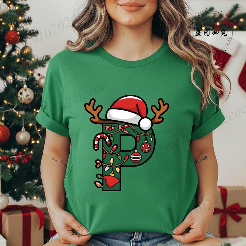 Fashion Printed T Shirt Festive Christmas Alphabet Letter with Santa Hat Women T Shirt Short Sleeves Crew Neck Female Clothes