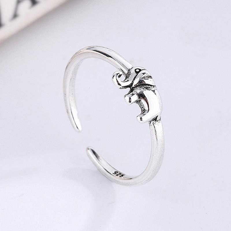 925 Sterling Silver Vintage Elephant Charm Finger Ring For Women Girls Party Jewelry Accessories Jz342