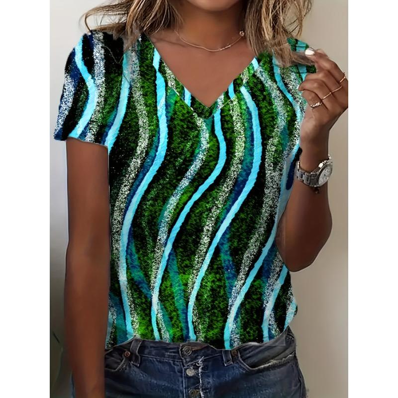 Green and blue swing print V-neck T-shirt, spring and summer casual short-sleeved T-shirt, women s clothing S