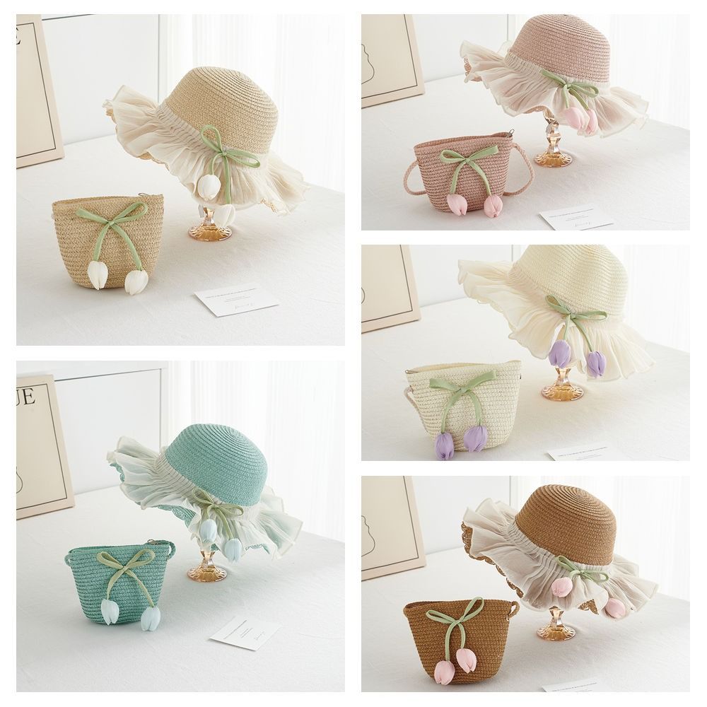 with Same Style Crossbody Bag Tulip Straw Sun Hat Korean Style Lace Brim Beach Cap  Baby