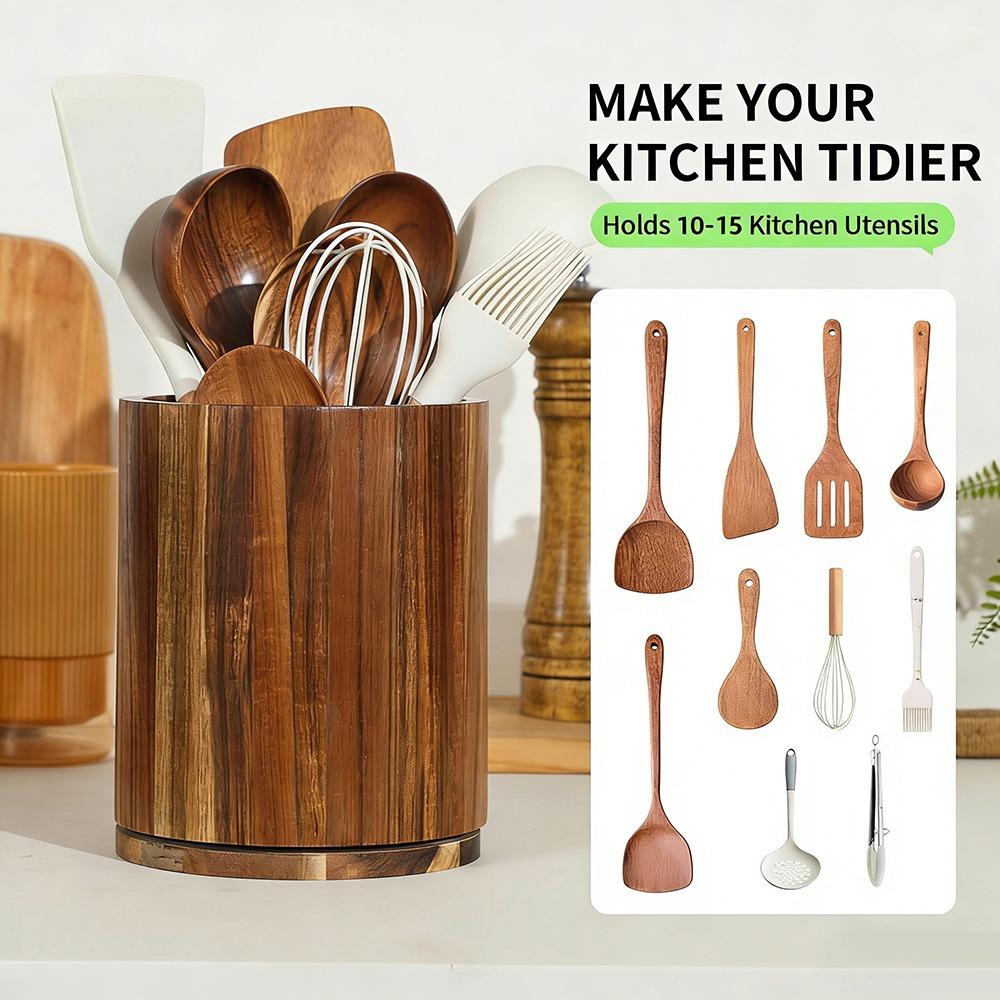 360° Rotating Cutlery Holder Wooden Storage Rack New Kitchen Utensil Holder  Countertop Use