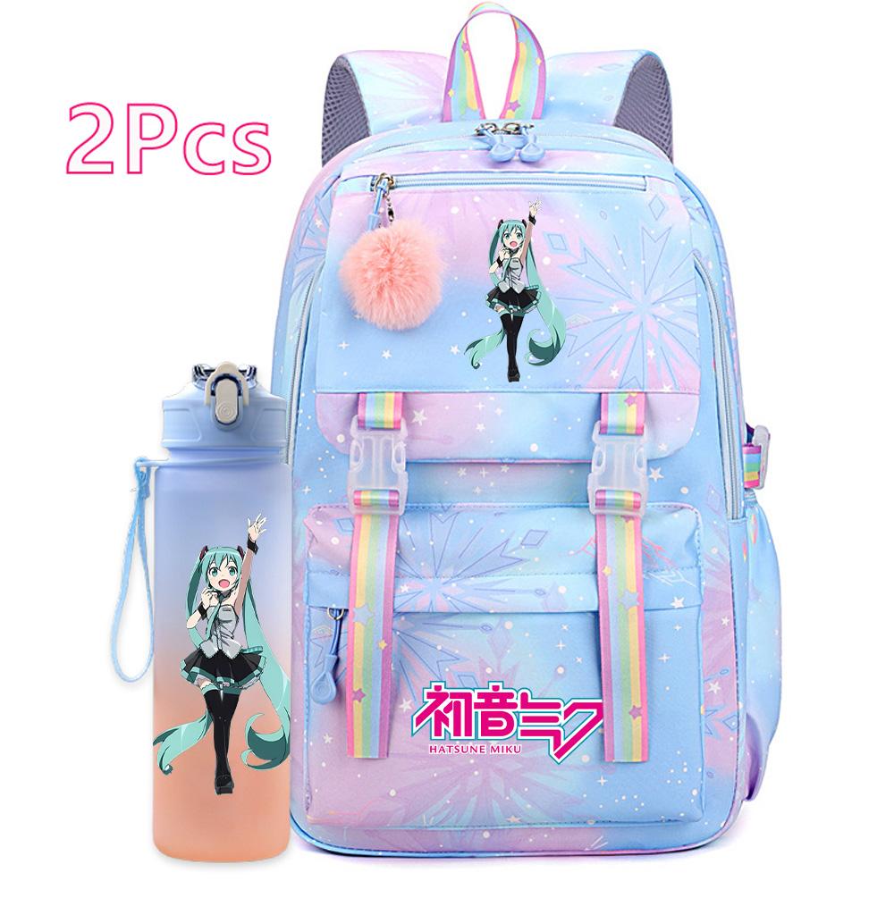 2 st/set Söt Hatsune Miku-tryckt Ryggsäck med 750 ml Vattenflaska för Tonårsflicka Pojke Skolväska Stor Kapacitet Vattentät Resväska Gåva
