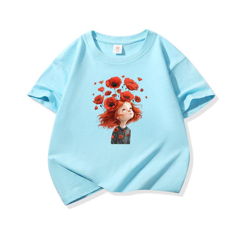 Kids Cotton T Shirt Red Flower Girl Print Crew Neck Short Sleeve Tee Casual Breathable Boys Girls Summer Tops