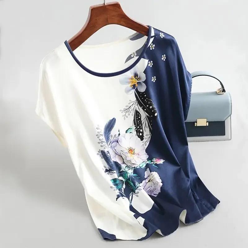 Plus Size Women's Silk Satin Blouse Spring Summer Floral Print O Neck Short Sleeve Casual Office Tops Fashion Shirt Blusas