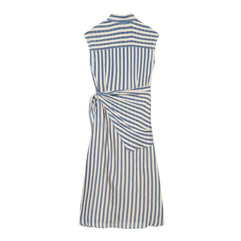 Womens 2026 Striped Sleeveless Shirt Dress With Detachable Waist Belt High-Waisted Straight-Cut Midi Casual